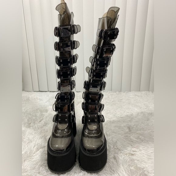 DEMONIA Trinity Clear Vinyl Knee High Platform Boots Buckles Smoke Gray Black 9 - Picture 3 of 14